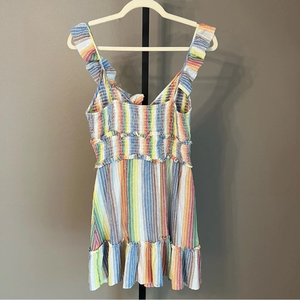 SAYLOR Alma Rainbow Ruffle Mini Dress Multicolor Stripes Medium Colorful Beachy - Picture 4 of 6